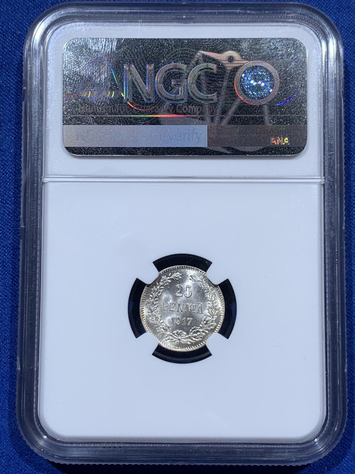 《竞宝斋》第347场 周日，周一，周二  3场连拍 （全场包邮） 两枚一组 NGC MS66 芬兰1917年S版50芬尼，25芬尼小银毫，银辉熠熠，鹰徽细节漂亮，高分，收藏品