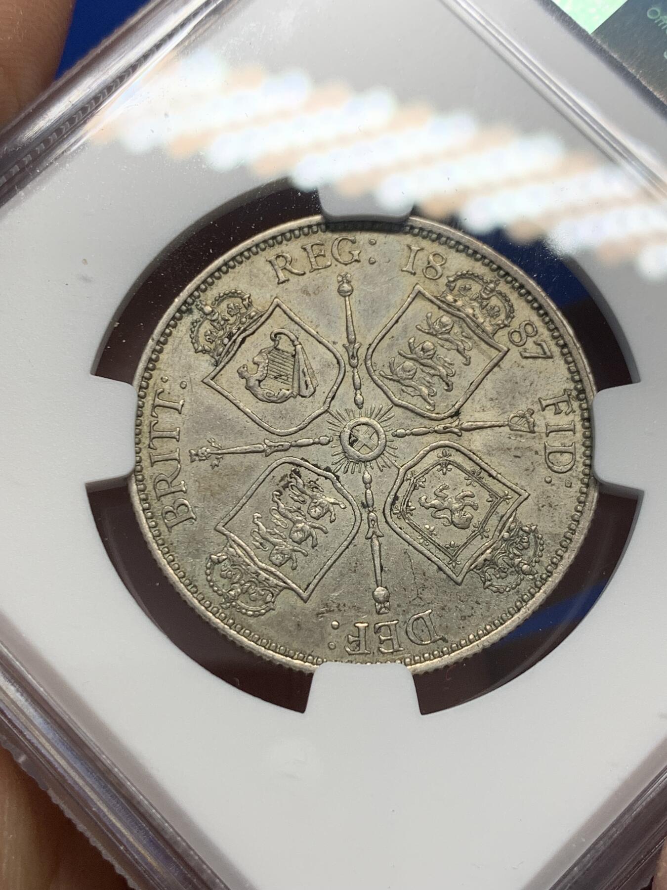 《竞宝斋》第347场 周日，周一，周二  3场连拍 （全场包邮） NGC AU55 英国1887年维多利亚高冠2先令银币
