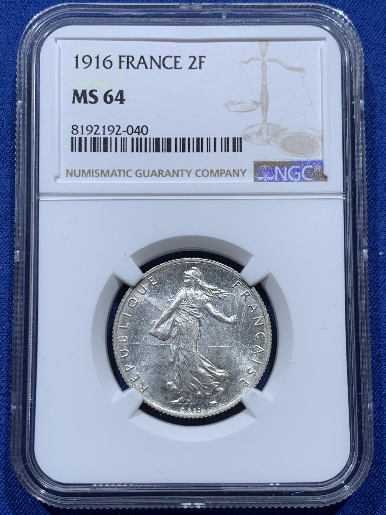 《竞宝斋》第347场 周日，周一，周二  3场连拍 （全场包邮） NGC MS64 法国1916年播种女神2法郎银币