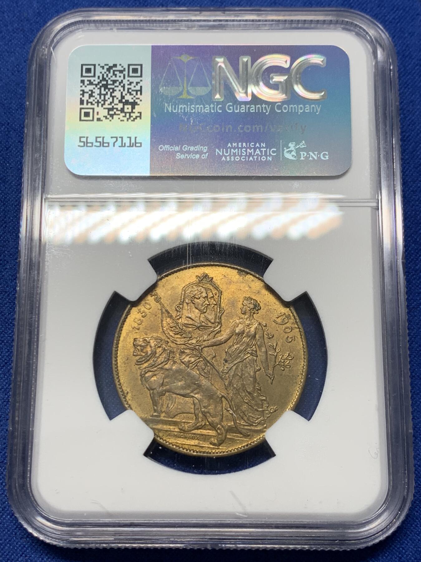 《竞宝斋》第347场 周日，周一，周二  3场连拍 （全场包邮） NGC MS63 比利时1905年世博会铜章，黄铜版。女神与狮子，经典设计。元素丰富，细节满满。高分好状态