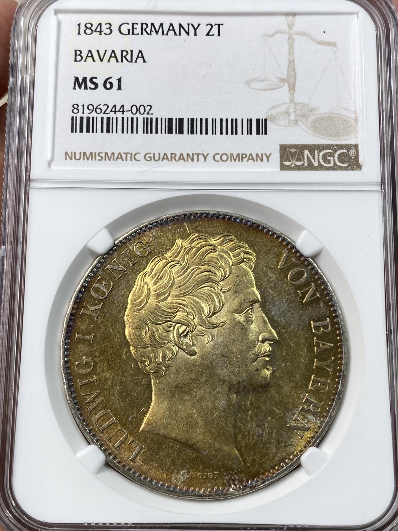 万国钱币拍卖第041期 NGC MS61 1843年德国巴伐利亚路德维希一世双狮流通2泰勒 比马二双狮难度大很多的品种 双面金彩 MS相当不易