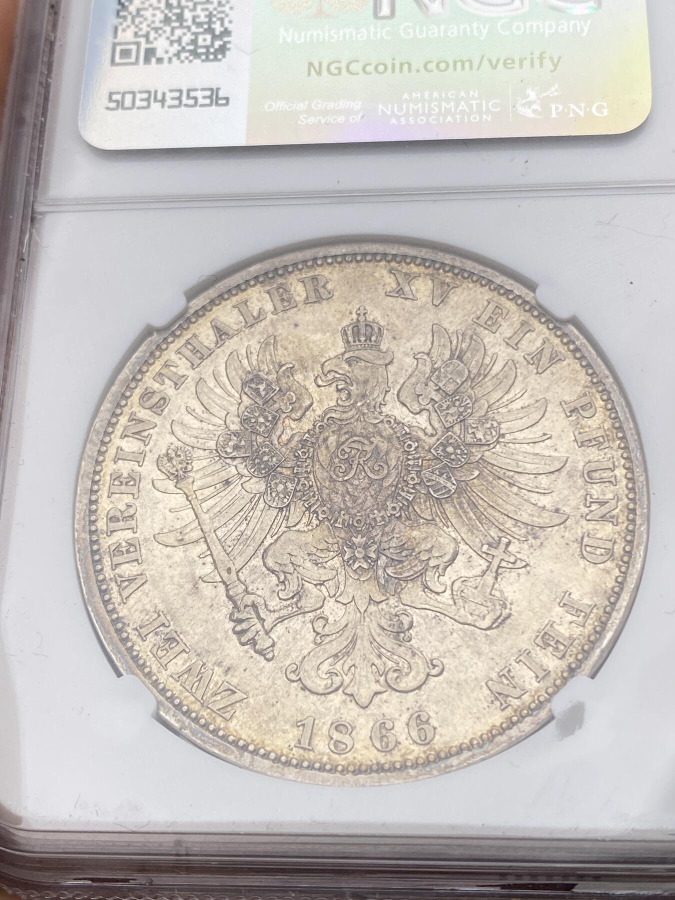 万国钱币拍卖第041期 NGC AU55 1866年德国普鲁士威廉一世大鸟盾徽流通2泰勒 威廉一世2t除了1867C外好品都非常难得，原味金彩裹身
