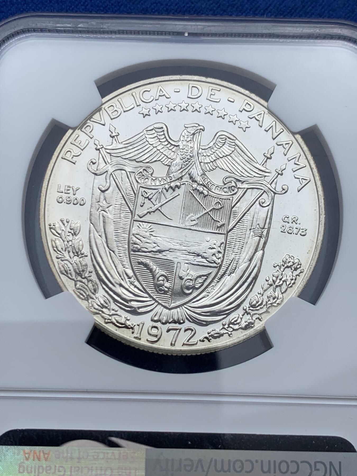 《竞宝斋》第347场 周日，周一，周二  3场连拍 （全场包邮） NGC PF67CAMEO 巴拿马1972年1巴波亚精制银币 少见
