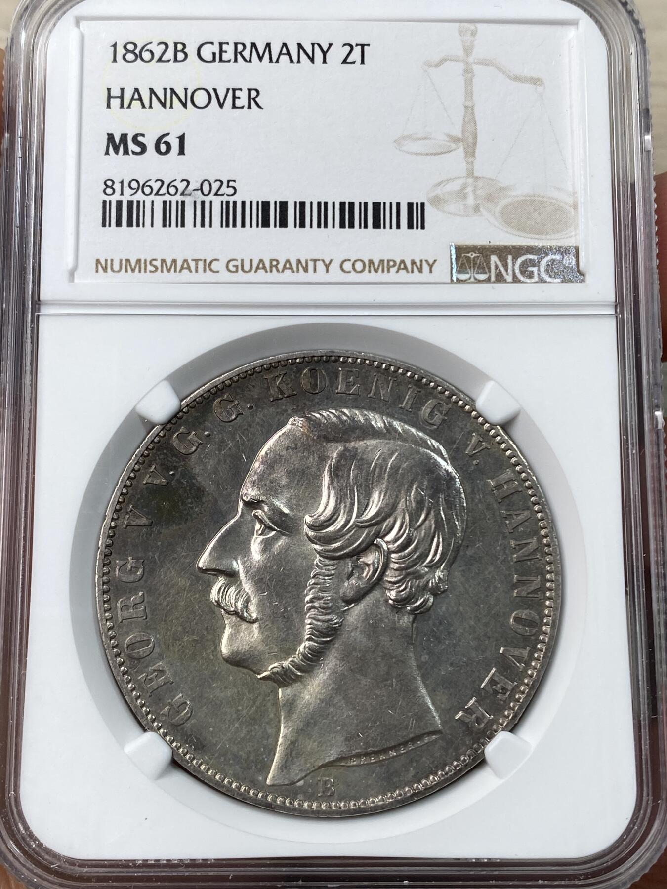 万国钱币拍卖第041期 NGC MS61 1862年德国汉诺威乔治五世狮马盾徽流通2泰勒 光泽细腻淡五彩环绕 打制深俊