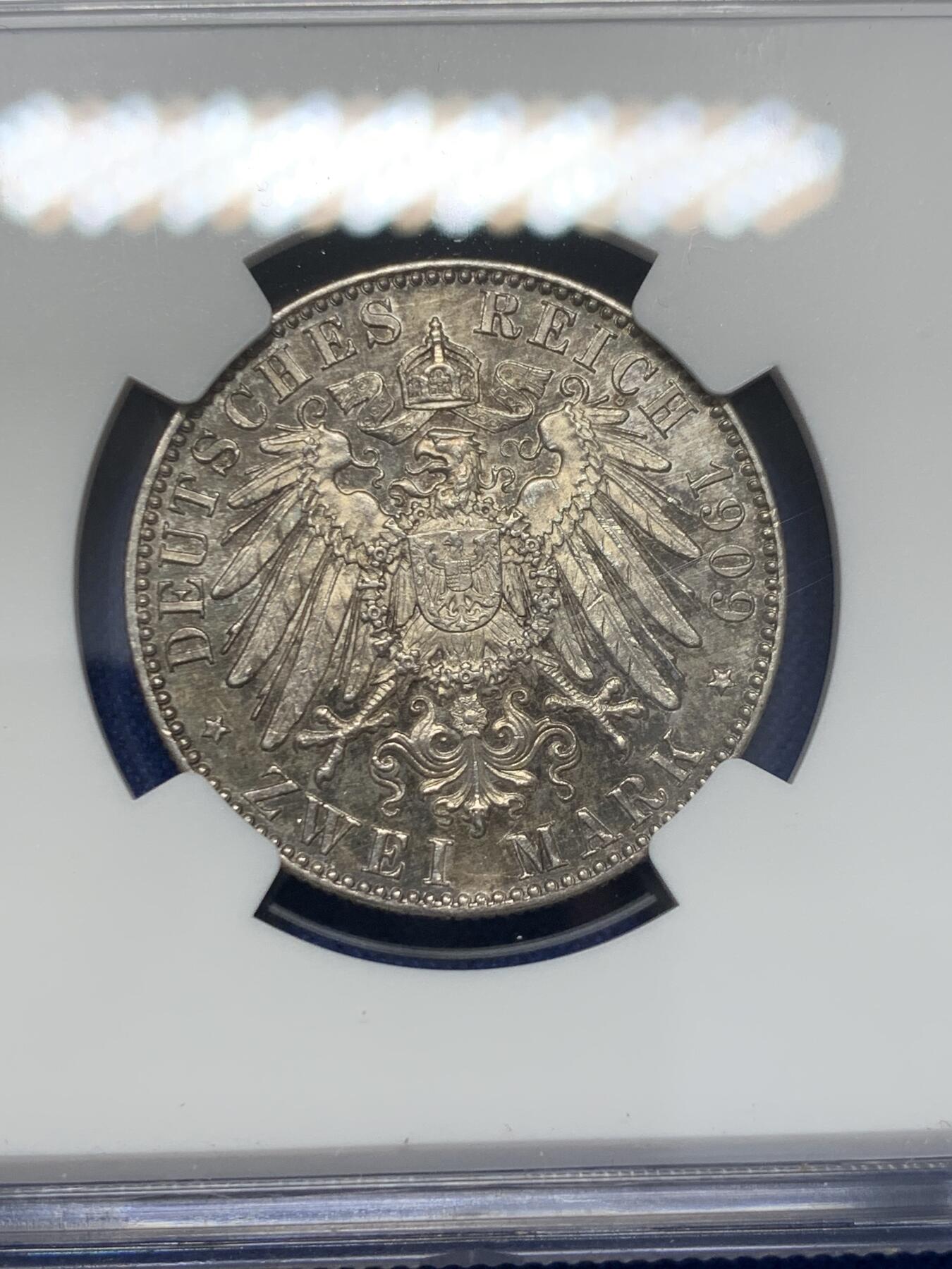 《竞宝斋》第347场 周日，周一，周二  3场连拍 （全场包邮） NGC MS62 德国1909年萨克森大学2马克银币 有精铸感