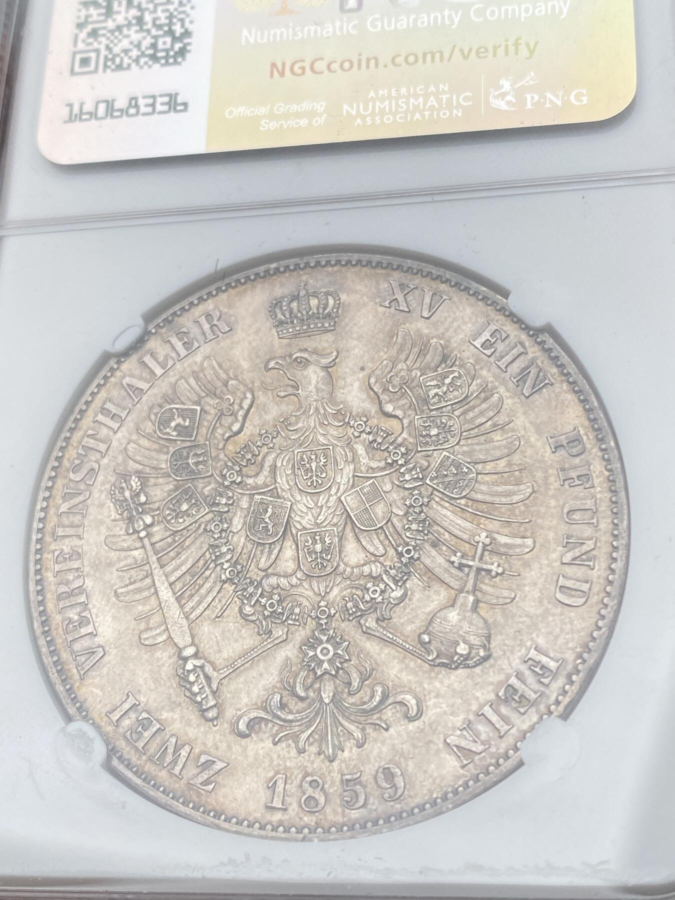 万国钱币拍卖第041期 NGC UNCD 1859年德国普鲁士威廉四世离冠鹰流通2泰勒 2t名誉品之一 香槟淡包浆 高点状态极佳 足够入藏的一枚