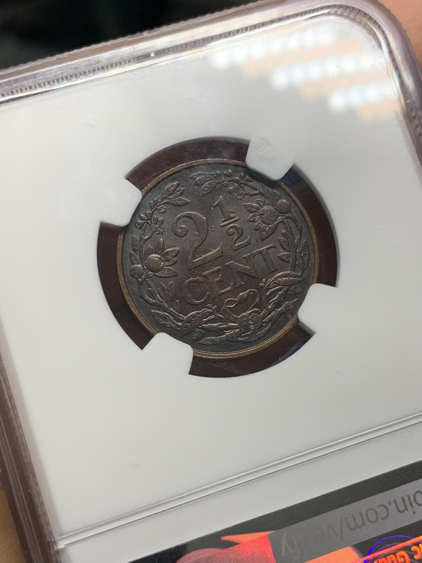 《竞宝斋》第347场 周日，周一，周二  3场连拍 （全场包邮） NGC MS64BN 荷兰1929年2.5分铜币 包浆老熟好状态