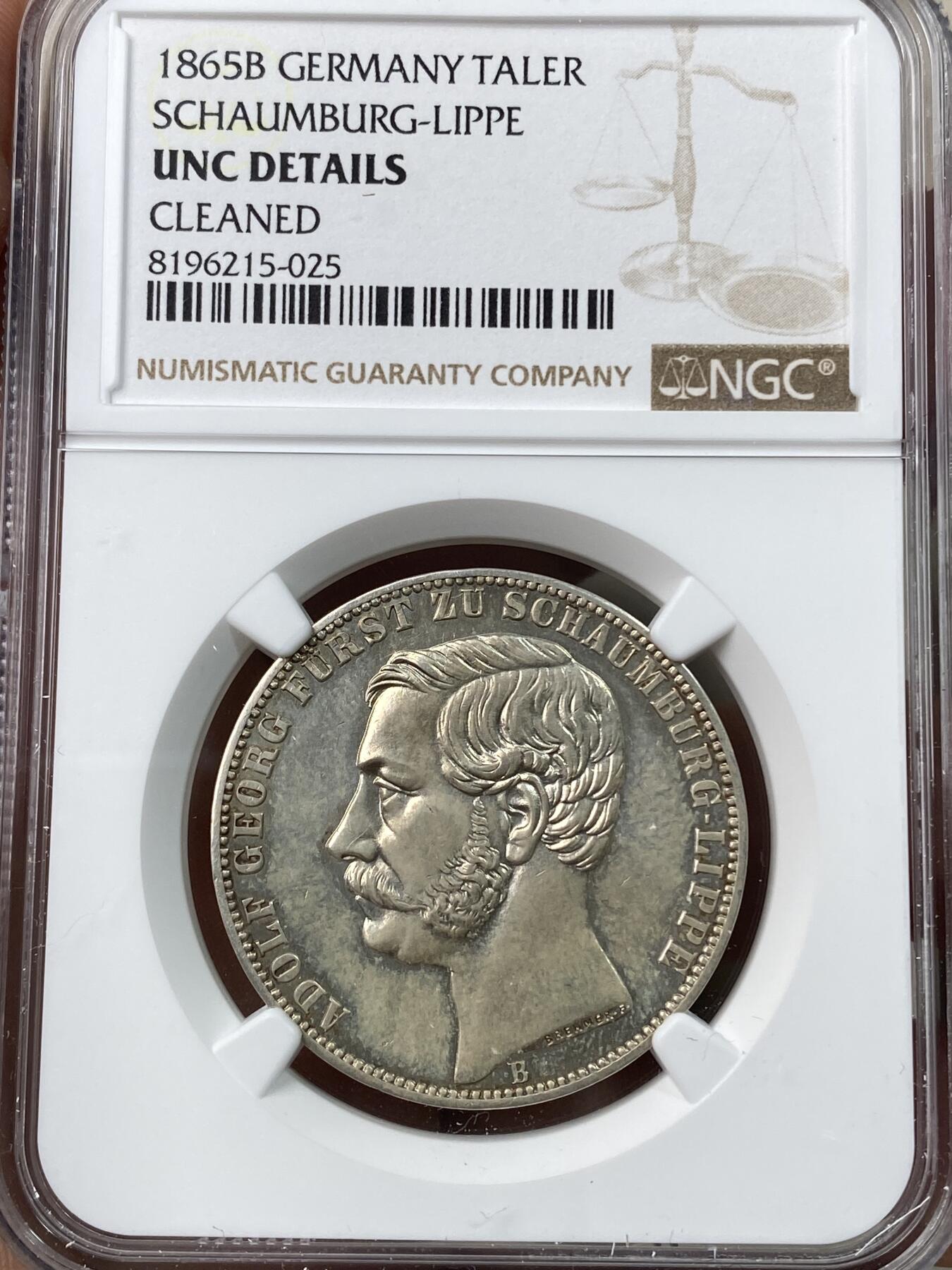 万国钱币拍卖第041期 NGC UNCD 1865年德国绍姆堡-利普双天使盾徽泰勒 整体状态与高点非常赞 清洗痕迹并不明显 