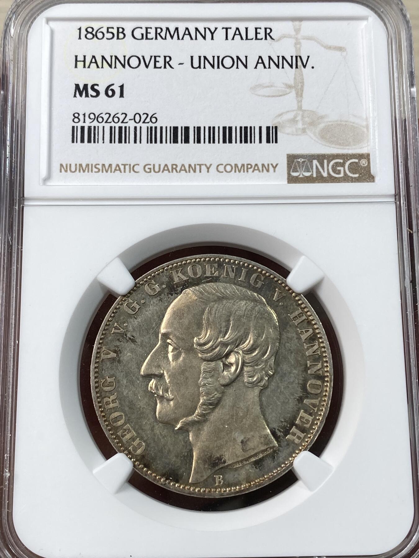 万国钱币拍卖第041期 NGC MS61 1865年德国汉诺威狮马盾徽泰勒 橡树年份流通品种 原味香槟彩