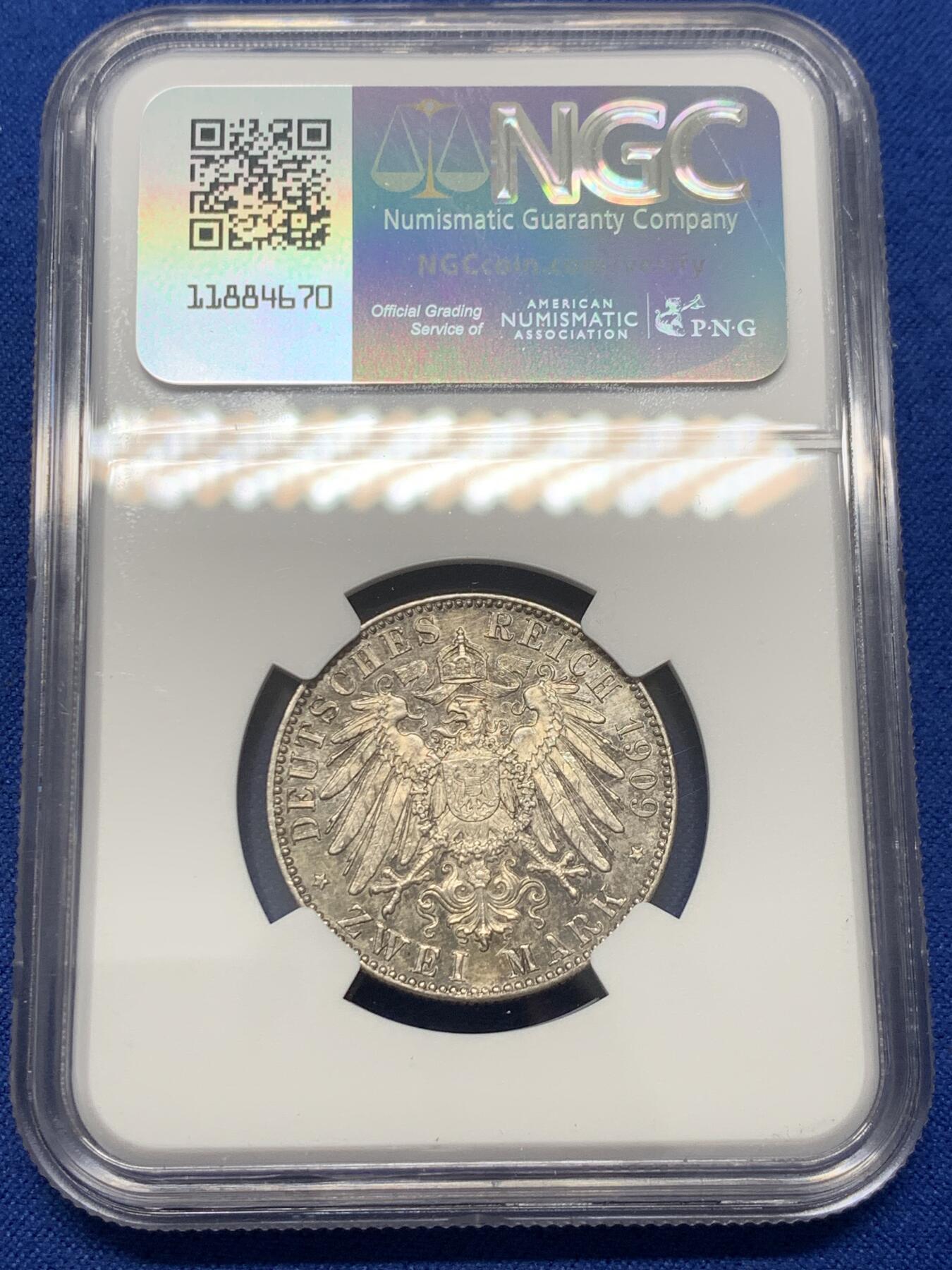 《竞宝斋》第347场 周日，周一，周二  3场连拍 （全场包邮） NGC MS62 德国1909年萨克森大学2马克银币 有精铸感