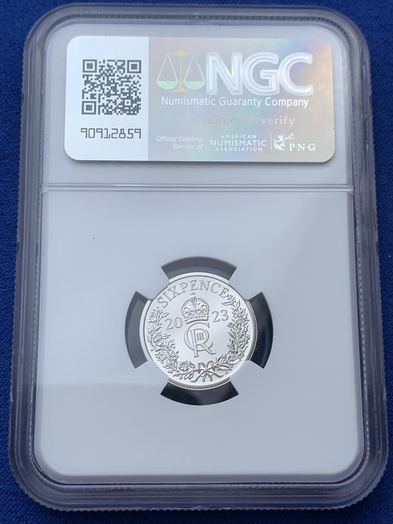 《竞宝斋》第347场 周日，周一，周二  3场连拍 （全场包邮） NGC MS68DPL 英国2023年查尔斯三世头像6便士