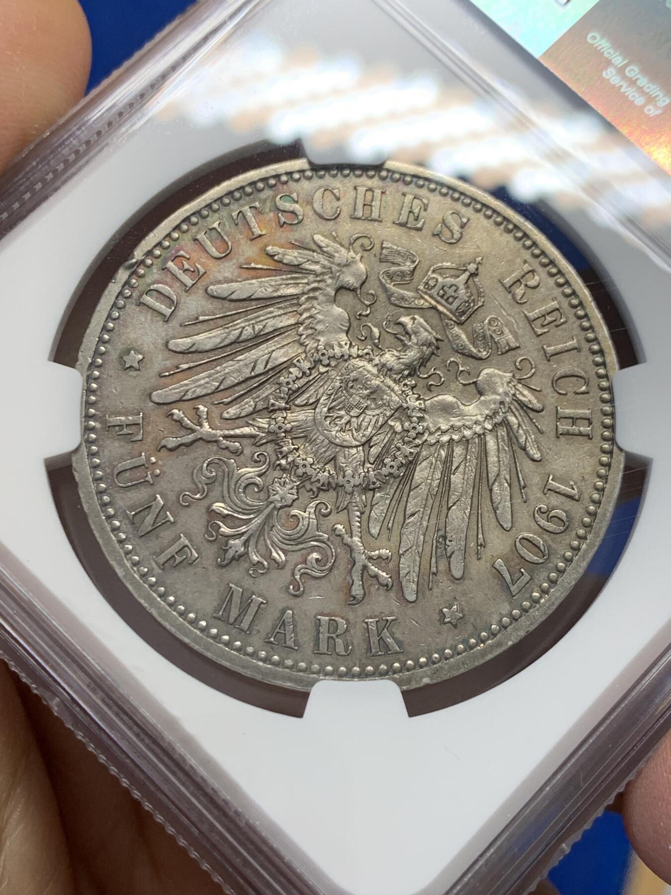 《竞宝斋》第347场 周日，周一，周二  3场连拍 （全场包邮） NGC AUD 德国1907年普鲁士威廉二世5马克银币 底光好 细节好