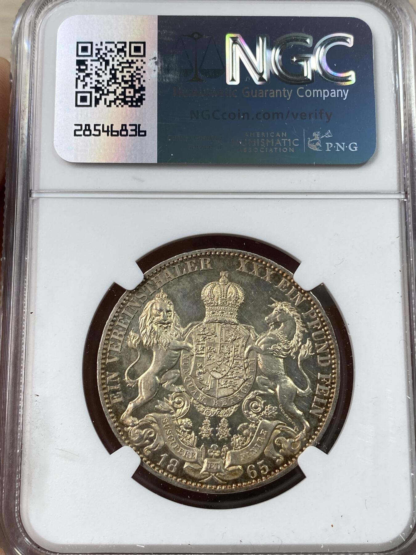 万国钱币拍卖第041期 NGC MS61 1865年德国汉诺威狮马盾徽泰勒 橡树年份流通品种 原味香槟彩