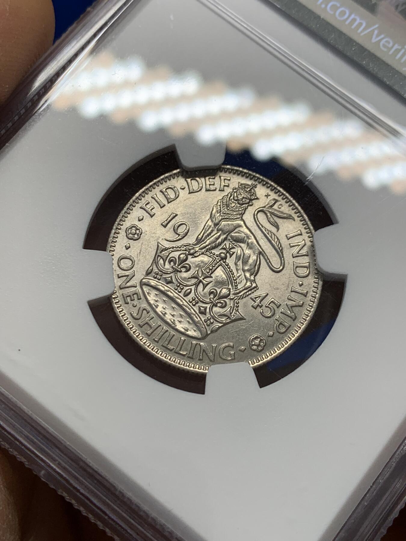 《竞宝斋》第347场 周日，周一，周二  3场连拍 （全场包邮） NGC AUD 英国1945年乔六1先令银币