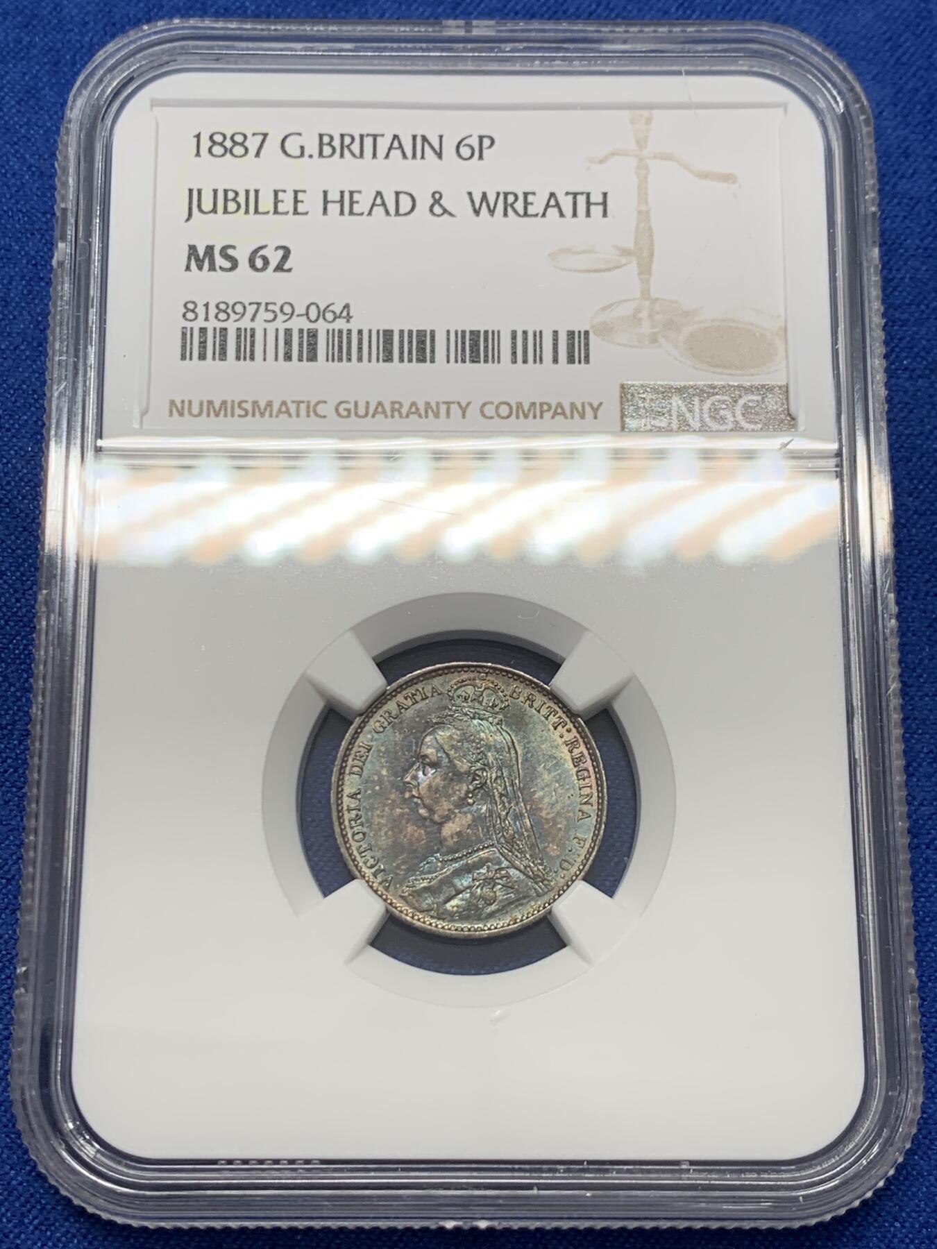 《竞宝斋》第347场 周日，周一，周二  3场连拍 （全场包邮） NGC MS62  英国1887年维多利亚高冠数字版6便士 酱彩包浆 很难得
