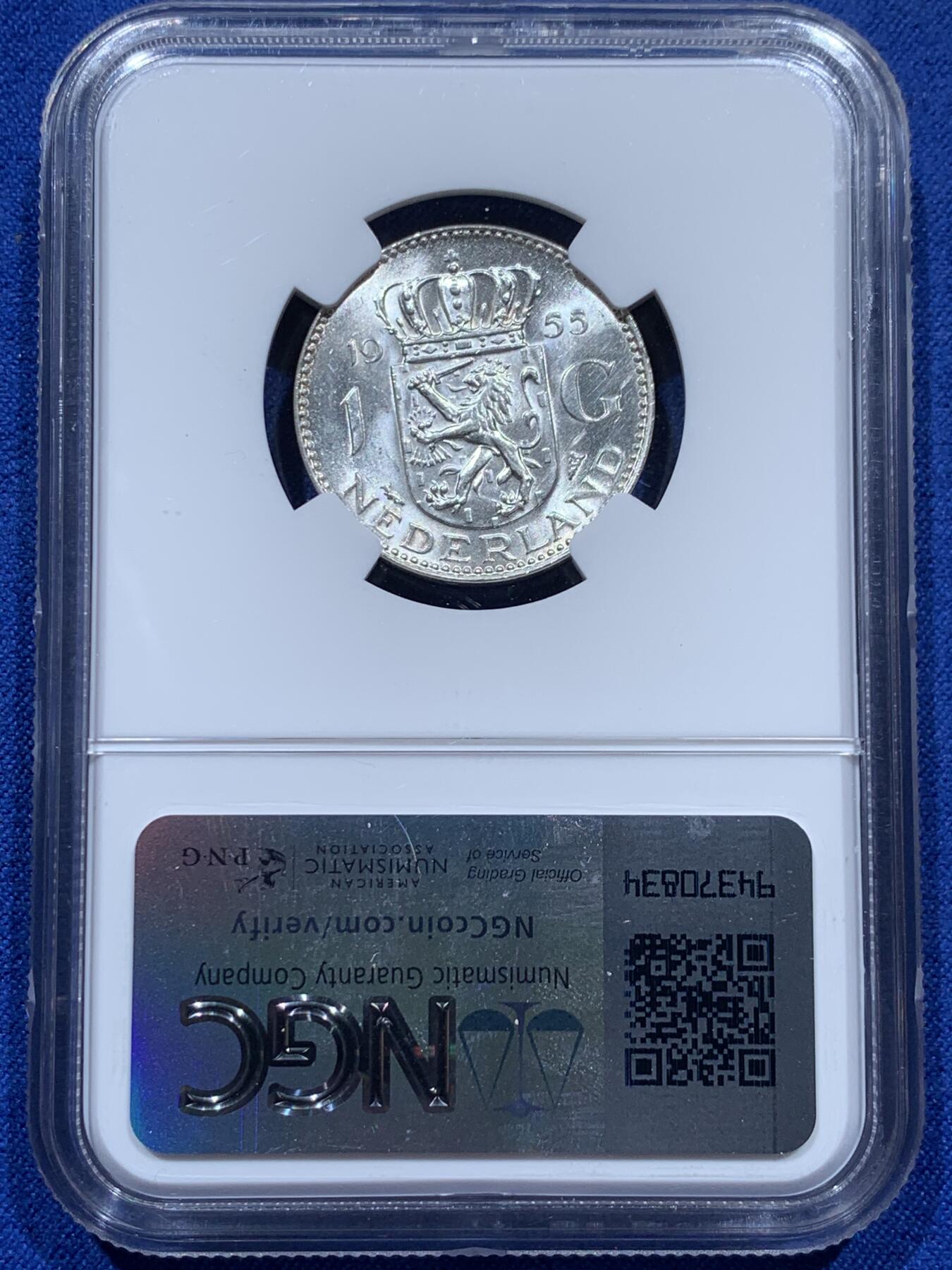 《竞宝斋》第347场 周日，周一，周二  3场连拍 （全场包邮） NGC MS62 荷兰1955年朱丽安娜女王1盾银币，50年代比60年代的好品少得多。