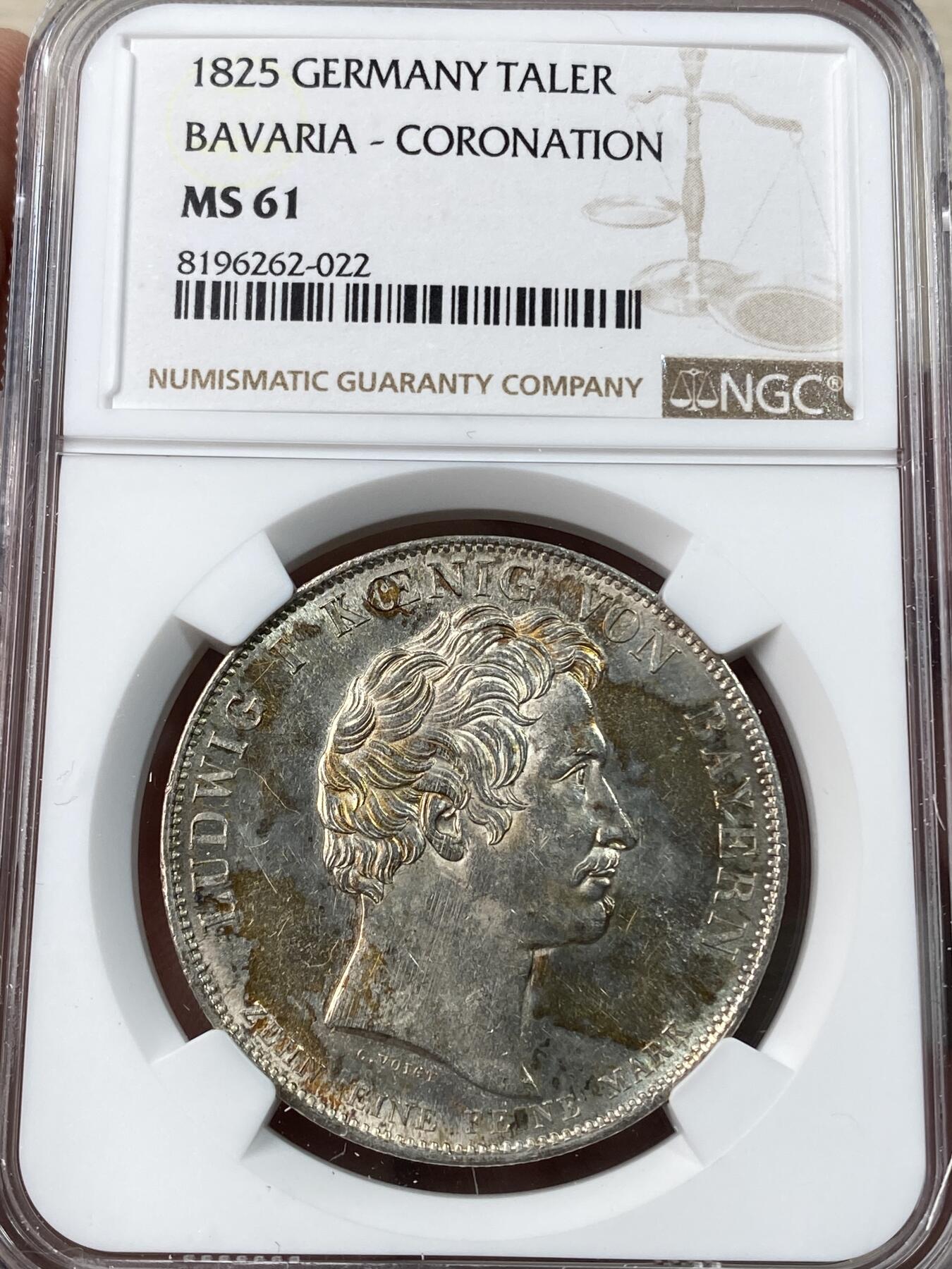 万国钱币拍卖第041期 NGC MS61 1825年德国巴伐利亚路德维希一世加冕纪念历史大泰勒 历史泰勒系列开山之作 彩光原味全深打 德系历史泰勒名品