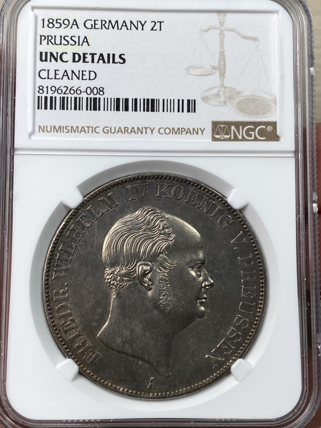 万国钱币拍卖第041期 NGC UNCD 1859年德国普鲁士威廉四世离冠鹰流通2泰勒 2t名誉品之一 香槟淡包浆 高点状态极佳 足够入藏的一枚