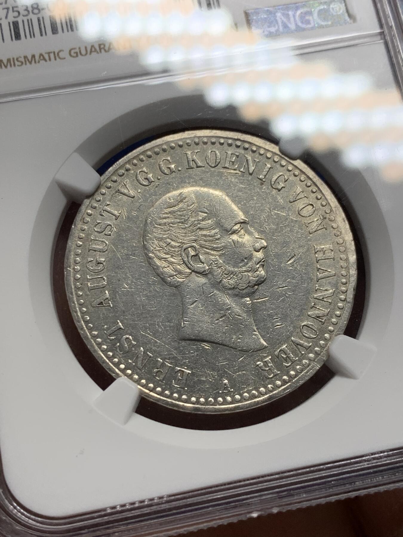 《竞宝斋》第347场 周日，周一，周二  3场连拍 （全场包邮） NGC AUD 1838年德国汉诺威一年版 小头1泰勒，16.82g 0.993银 稀少品种