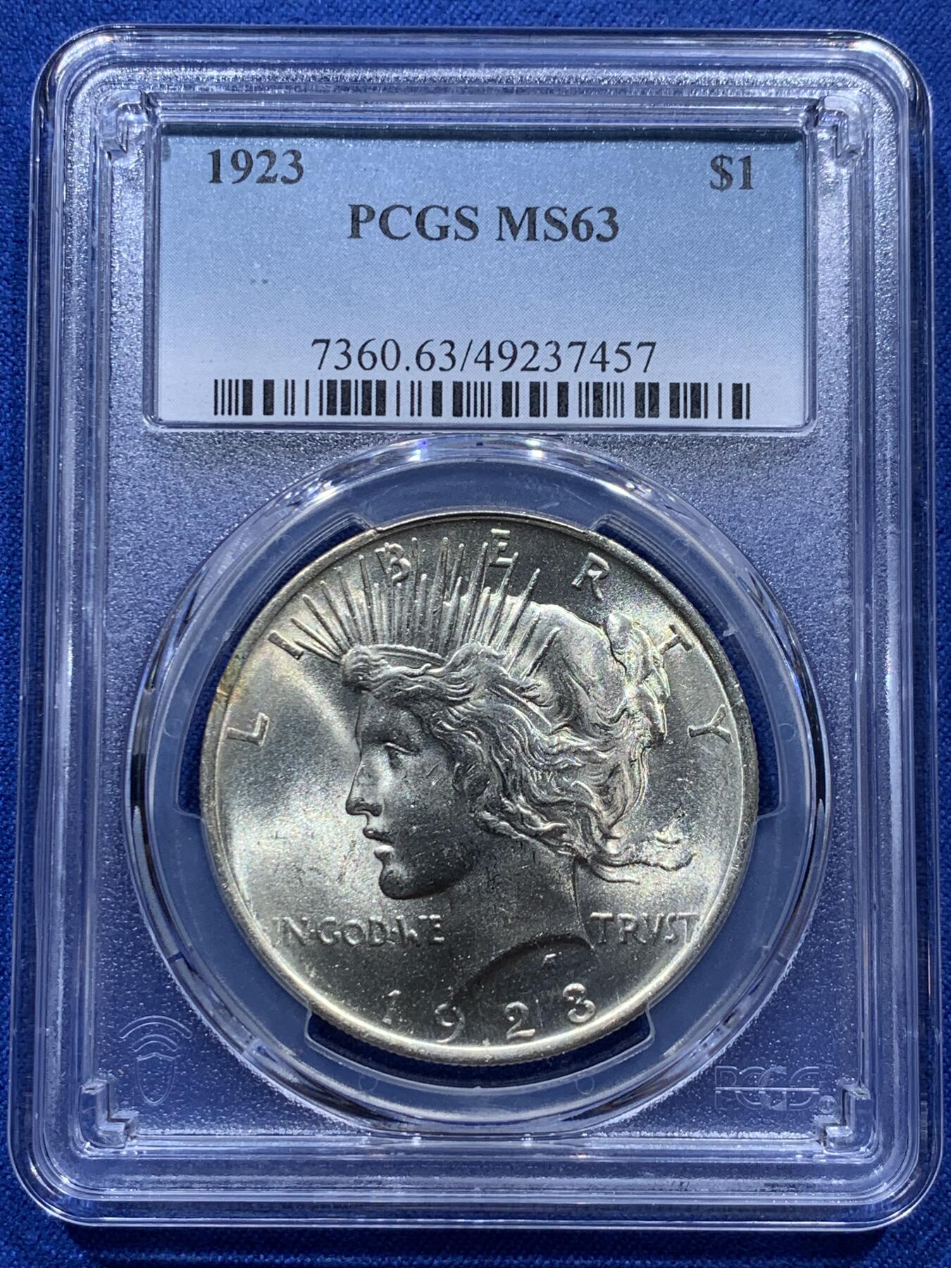 《竞宝斋》第347场 周日，周一，周二  3场连拍 （全场包邮） PCGS MS63 美国1923年和平1美元大银币