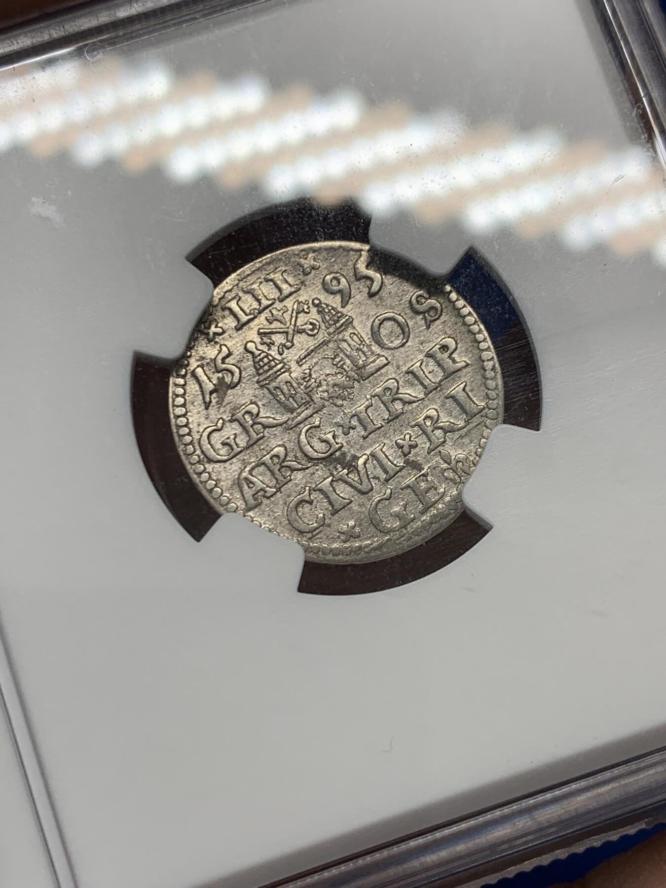 《竞宝斋》第347场 周日，周一，周二  3场连拍 （全场包邮） NGC AU55 波兰立陶宛1595年齐格蒙特三世3格罗申银币 打制精美 少见品种