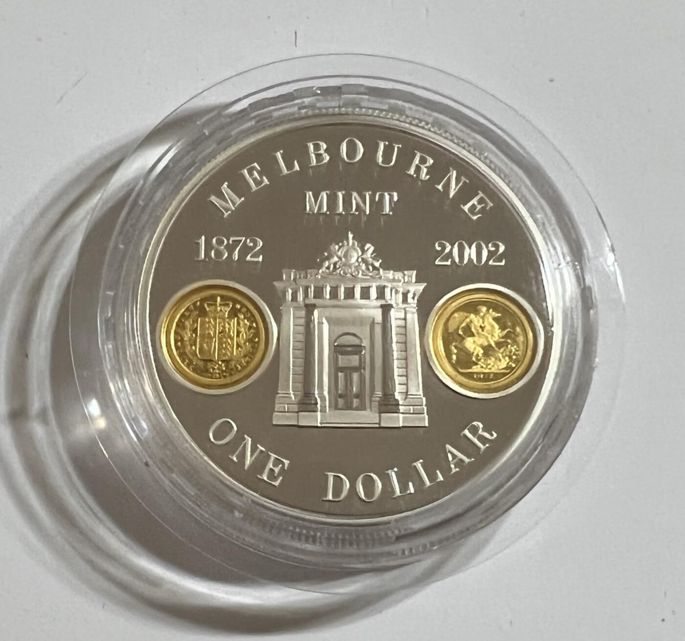 S&S Numismatic世界钱币-拍卖 第114期  澳大利亚2002年 墨尔本铸币局130周年 1澳元镶金精制银币 盒证齐全，31.1克999银+0.25克999金