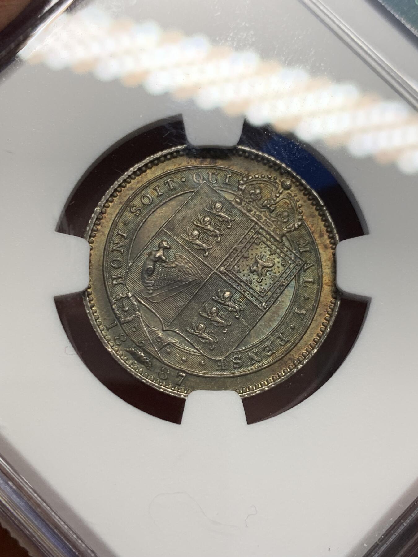 《竞宝斋》第347场 周日，周一，周二  3场连拍 （全场包邮） NGC MS62 英国1887年维多利亚高冠1先令银币