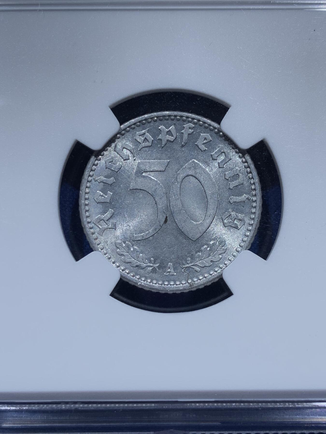 《竞宝斋》第347场 周日，周一，周二  3场连拍 （全场包邮） NGC MS63 德三1943年50芬尼铝币，存世量很少，好品难得，值得收藏