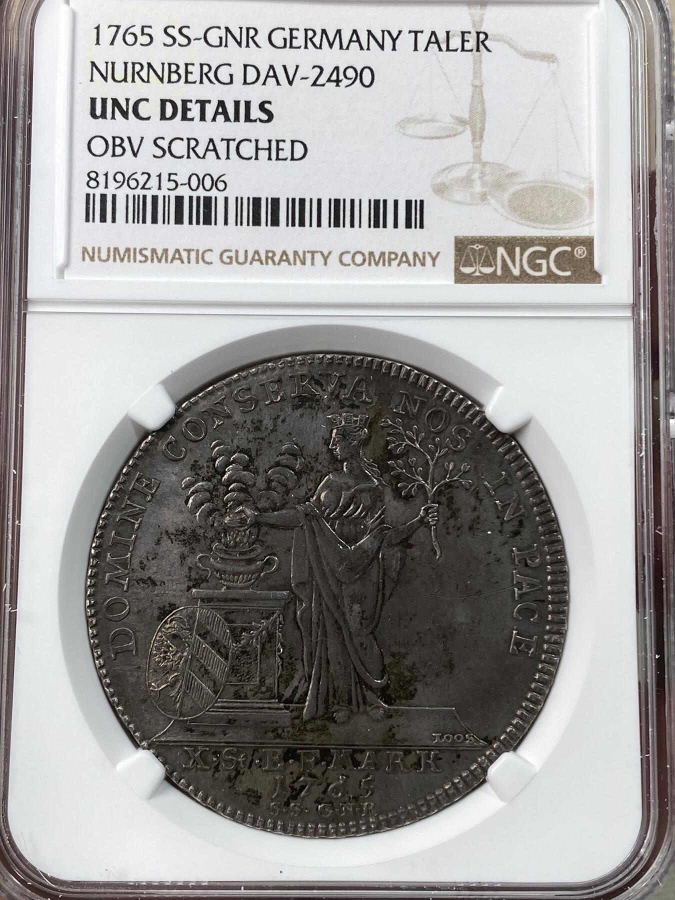 万国钱币拍卖第041期 NGC UNCD 1765年德国纽伦堡拿花女神双头鹰流通大泰勒 原味实物状态赞 高点亦有出色表现