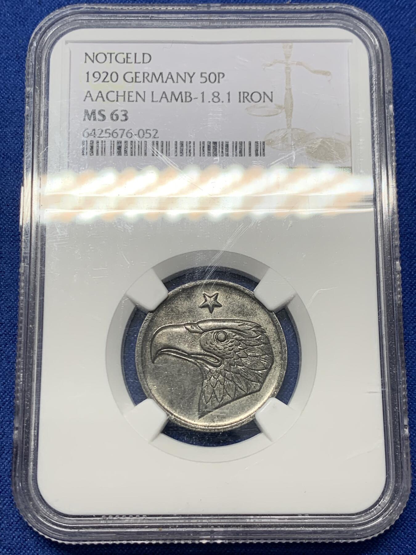 《竞宝斋》第347场 周日，周一，周二  3场连拍 （全场包邮） NGC MS63 德国德紧名品 1920 亚琛 鹰嘴铁币 50芬妮 铁币好品少见  细节深邃