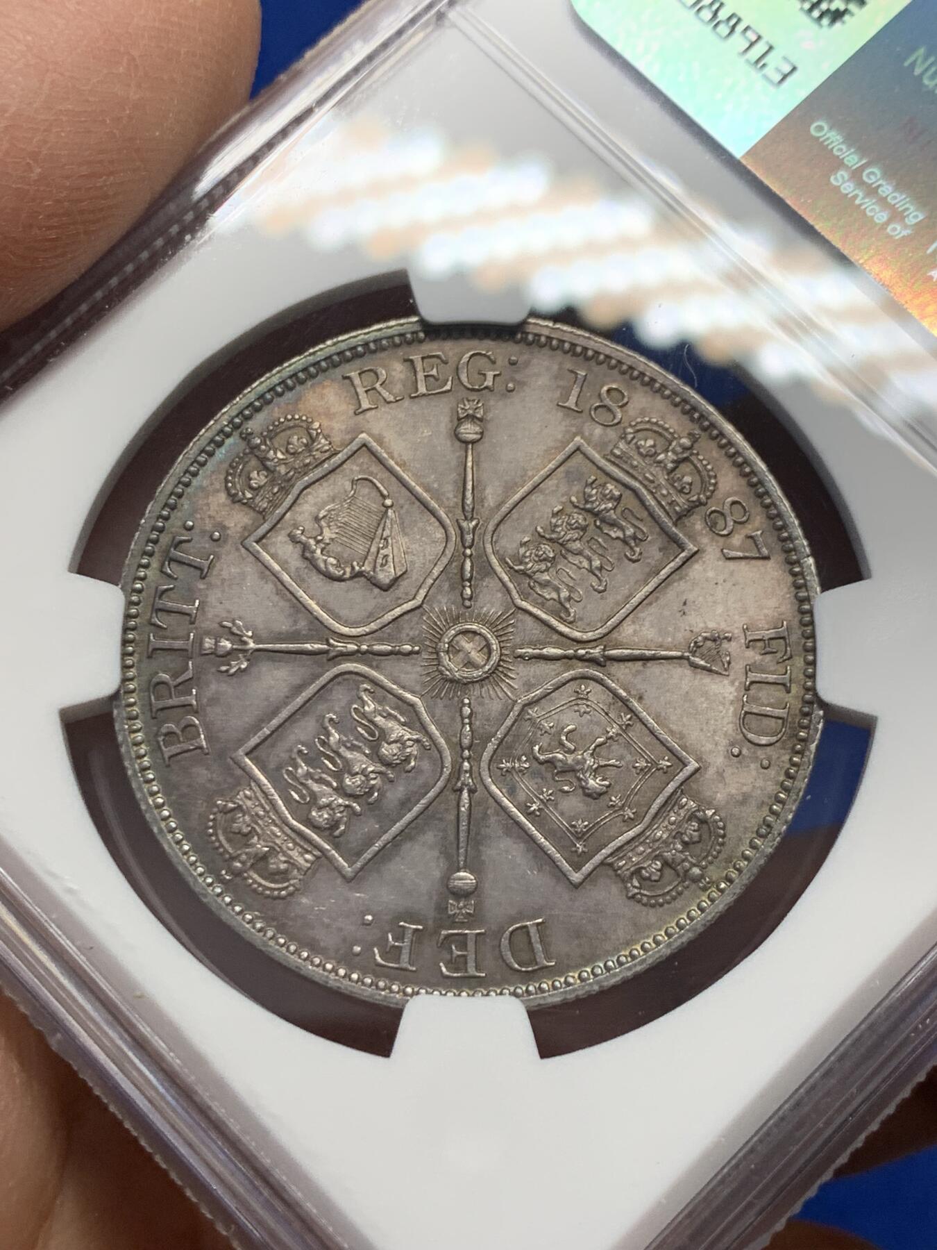 《竞宝斋》第347场 周日，周一，周二  3场连拍 （全场包邮） NGC MS62 英国1887年维多利亚高冠4先令银币