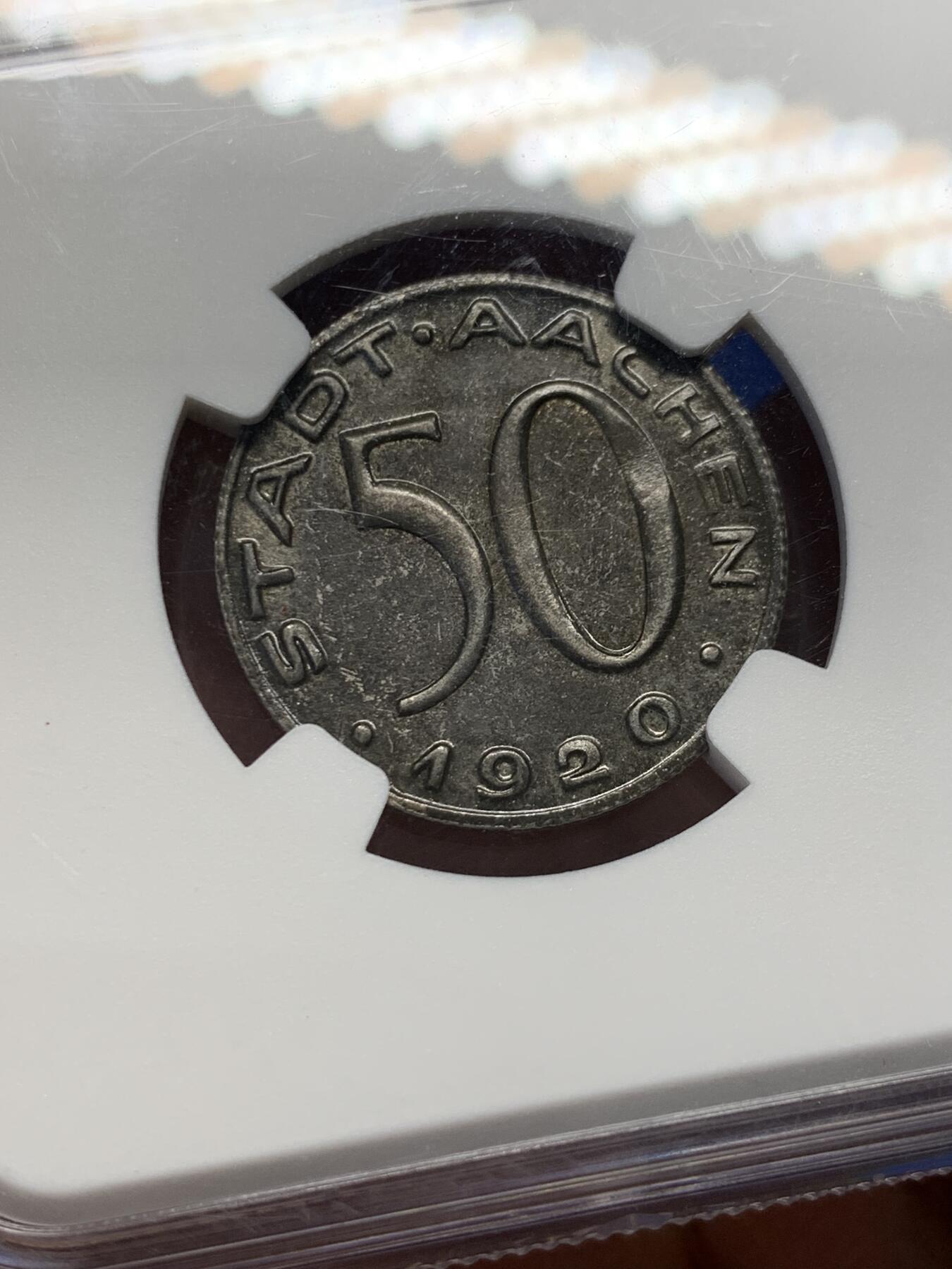 《竞宝斋》第347场 周日，周一，周二  3场连拍 （全场包邮） NGC MS63 德国德紧名品 1920 亚琛 鹰嘴铁币 50芬妮 铁币好品少见  细节深邃