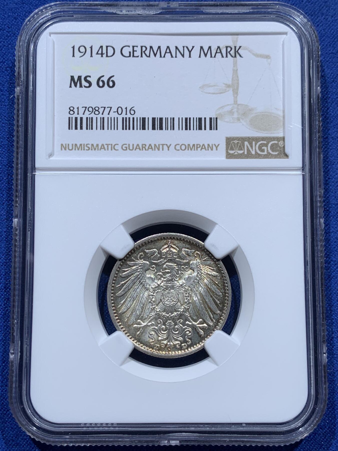 《竞宝斋》第347场 周日，周一，周二  3场连拍 （全场包邮） NGC MS66 德国 1914年-D 1马克银币。顶级分数顶级彩，转光流畅，同分之中佼佼者 360度无死角的一颗。