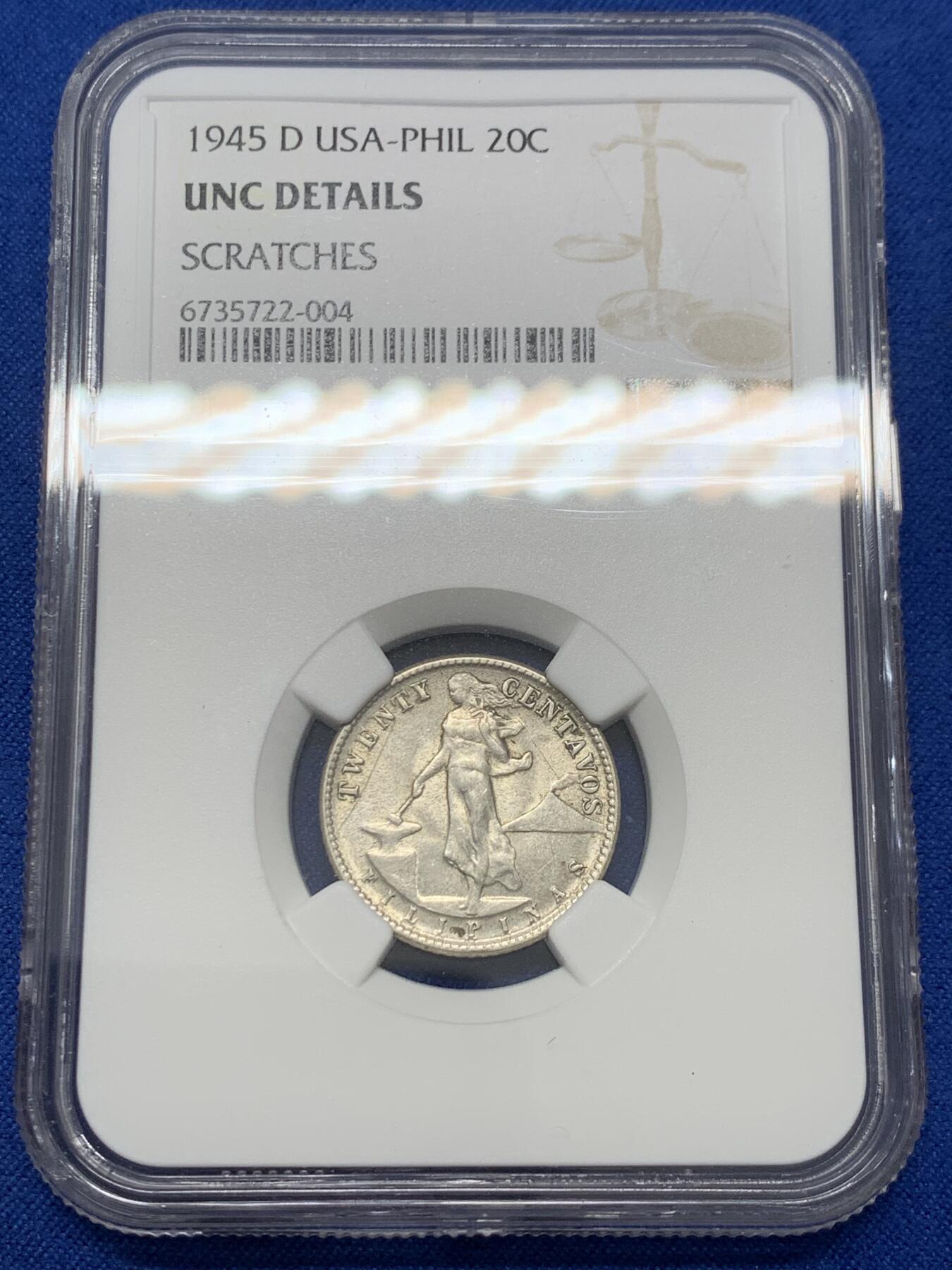《竞宝斋》第347场 周日，周一，周二  3场连拍 （全场包邮） NGC UNCD 菲律宾1945年打铁20C银币，状态挺好的没给分实在不应该