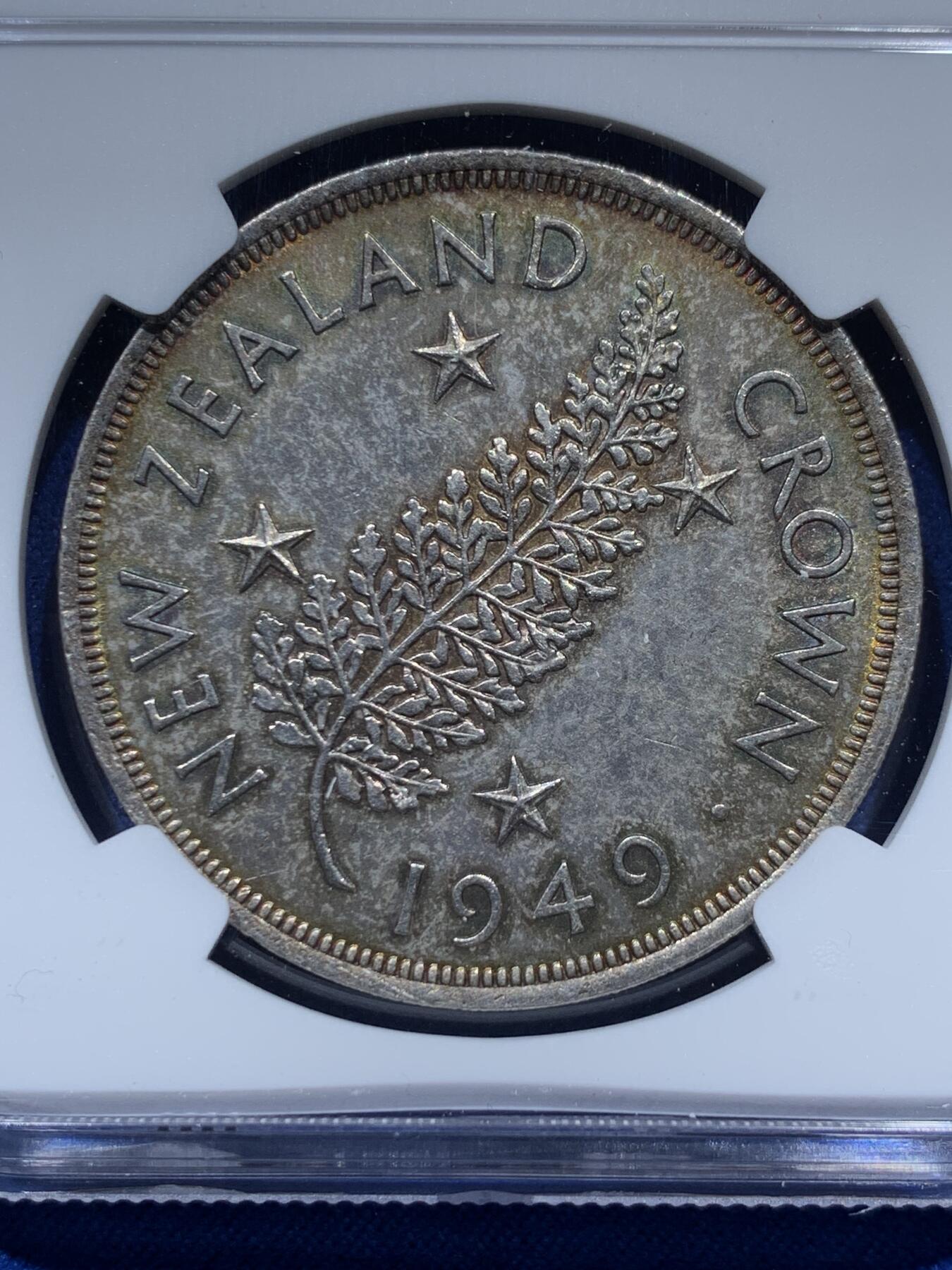 《竞宝斋》第347场 周日，周一，周二  3场连拍 （全场包邮） NGC MS62 新西兰1949年乔治六世1克朗大银币，拟定皇室访问纪念。