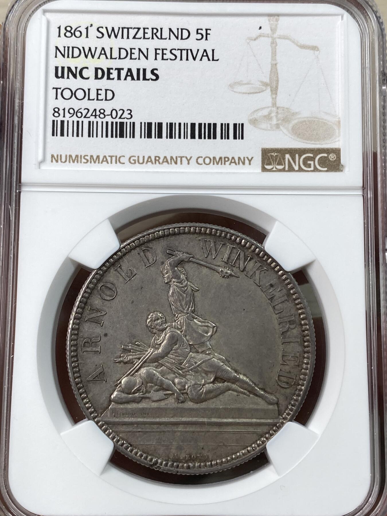 万国钱币拍卖第041期 NGC UNCD 1861年瑞士日内瓦射击节5法郎大银币 瑞射系列中少见品种 铸造量6000枚