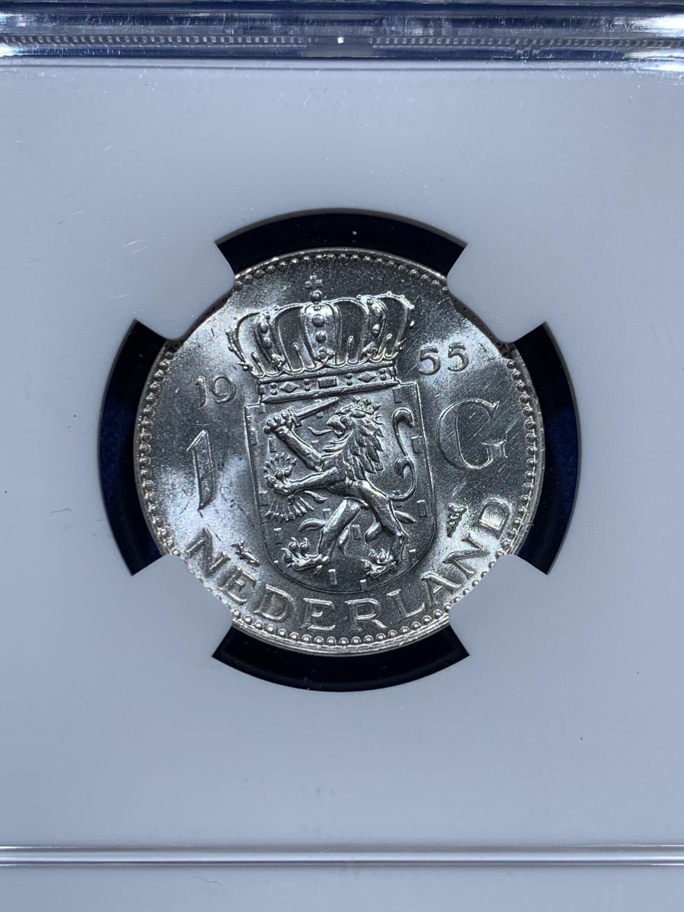 《竞宝斋》第347场 周日，周一，周二  3场连拍 （全场包邮） NGC MS62 荷兰1955年朱丽安娜女王1盾银币，50年代比60年代的好品少得多。