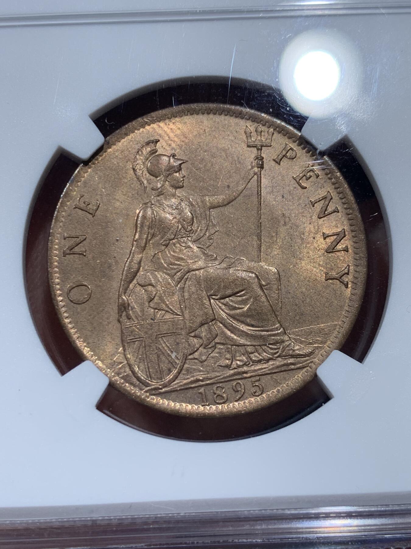《竞宝斋》第347场 周日，周一，周二  3场连拍 （全场包邮） NGC MS63RB 英国 1895年 维多利亚女王1便士铜币，红棕色对于1895来说并非寻常可见，加之维多利亚最后一版便士以1900-1901居多，1895年好品质的非常贵的。