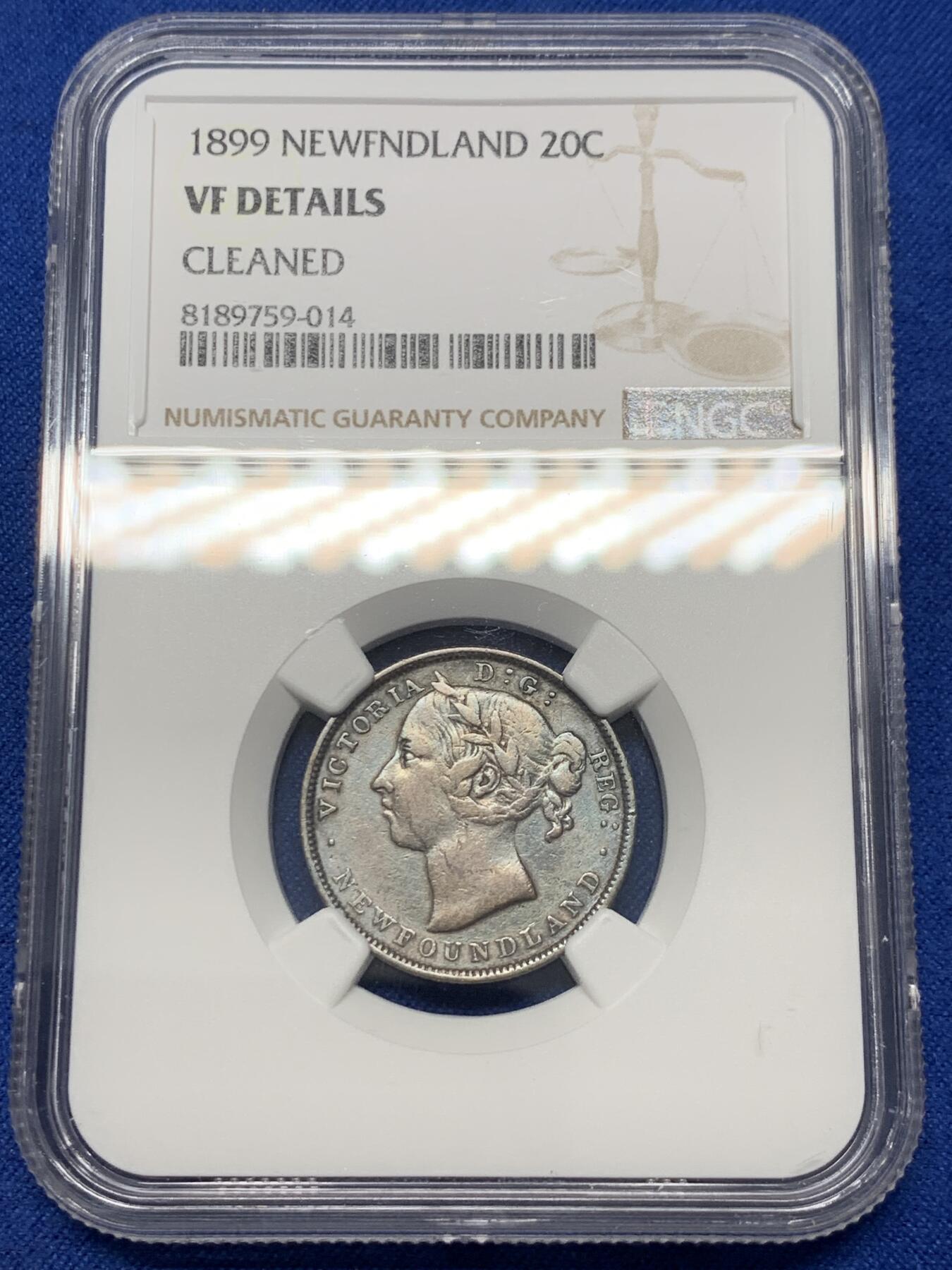 《竞宝斋》第347场 周日，周一，周二  3场连拍 （全场包邮） NGC VF 纽芬兰1899年20分银币，稀见品种，少见小维头像。纽芬兰书价高，头像清晰的已颇有难度
