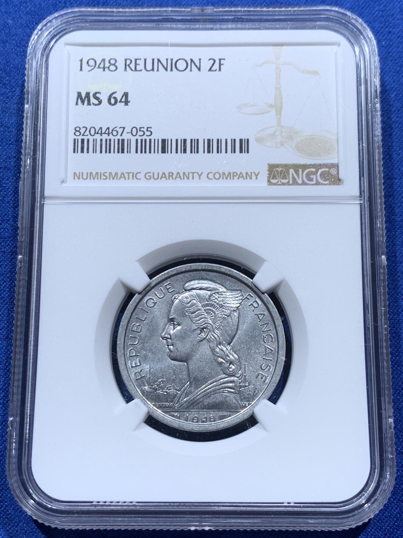 《竞宝斋》第347场 周日，周一，周二  3场连拍 （全场包邮） 两枚一组 NGC MS63/64 法属留尼旺1948年1&2法郎 法属早期铝币好品难得 留尼旺更是少见 两枚成套 可藏