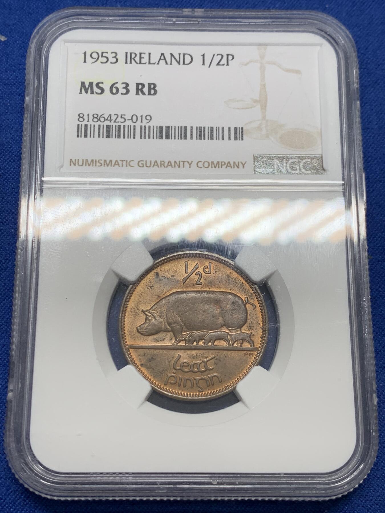 《竞宝斋》第347场 周日，周一，周二  3场连拍 （全场包邮） NGC MS63RB 爱尔兰 1953半便士小猪铜币，铜光闪烁，英国皇家造币厂的P. Metcalfe设计，木马剑也是他的作品。