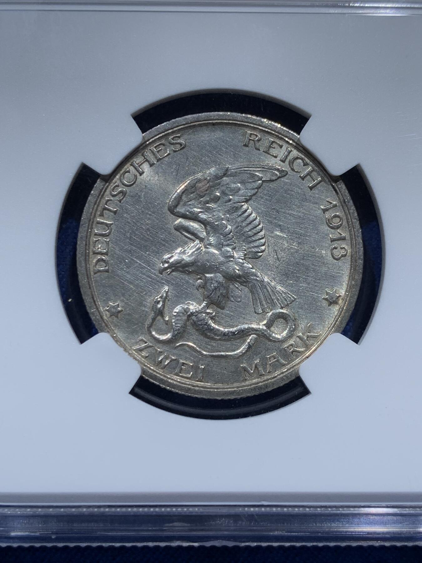 《竞宝斋》第347场 周日，周一，周二  3场连拍 （全场包邮） NGC UNCD 1913年德国普鲁士战胜拿破仑2马克银币