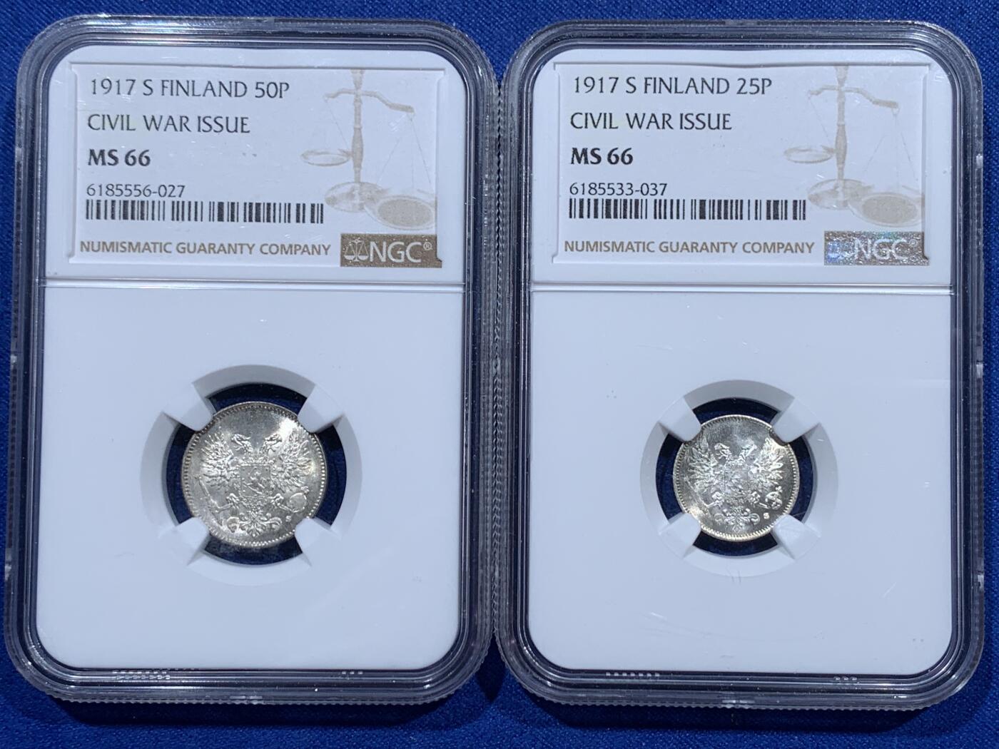 《竞宝斋》第347场 周日，周一，周二  3场连拍 （全场包邮） 两枚一组 NGC MS66 芬兰1917年S版50芬尼，25芬尼小银毫，银辉熠熠，鹰徽细节漂亮，高分，收藏品