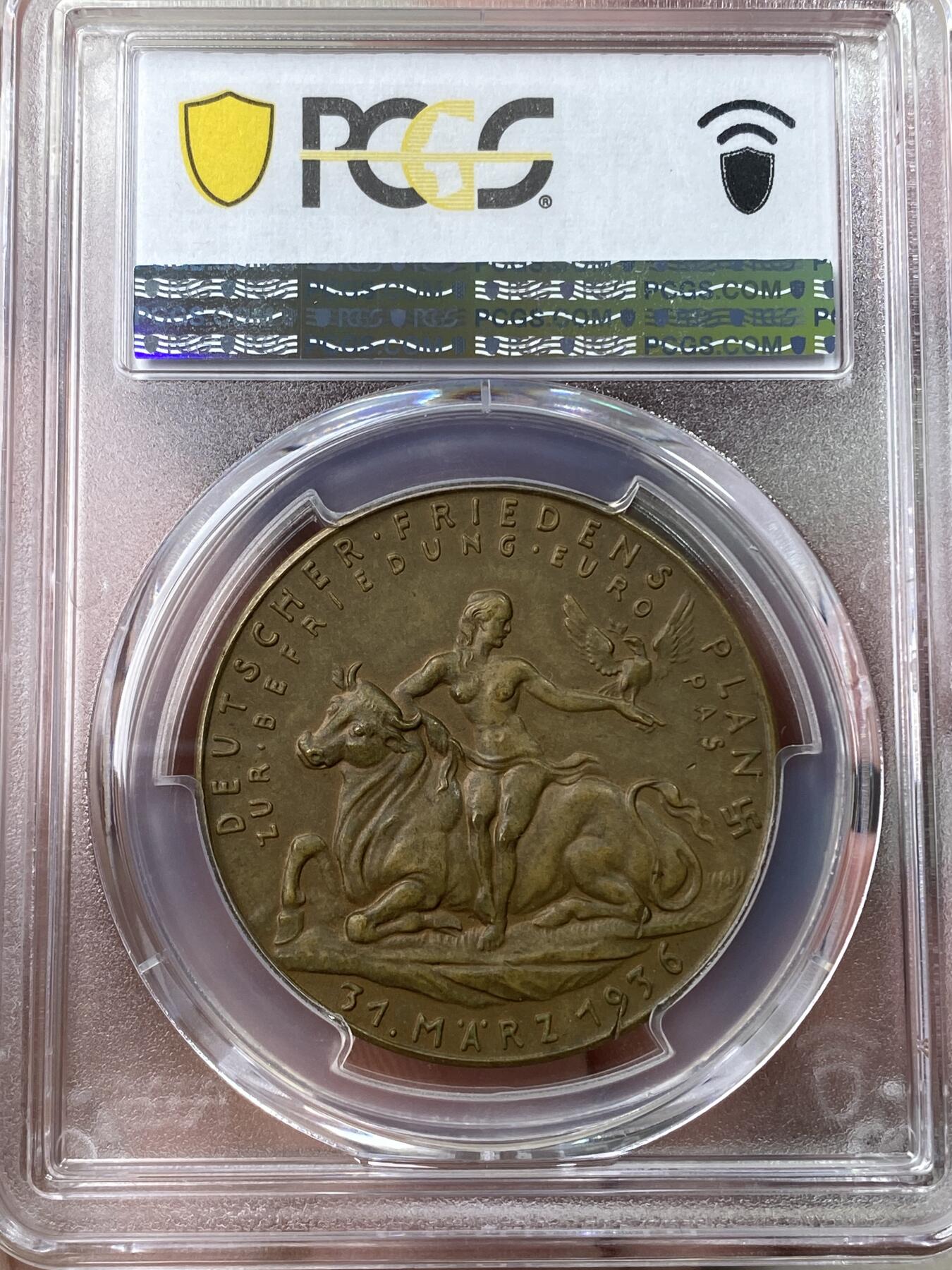 万国钱币拍卖第041期 PCGS SP63 1936年德国民族社会主义工人党党魁纪念欧洲和平计划铜章 裸露的日耳曼尼娅女神坐在公牛身上手持和平鸽 卡尔哥茨倾力设计德系名品之一 铜制罕见