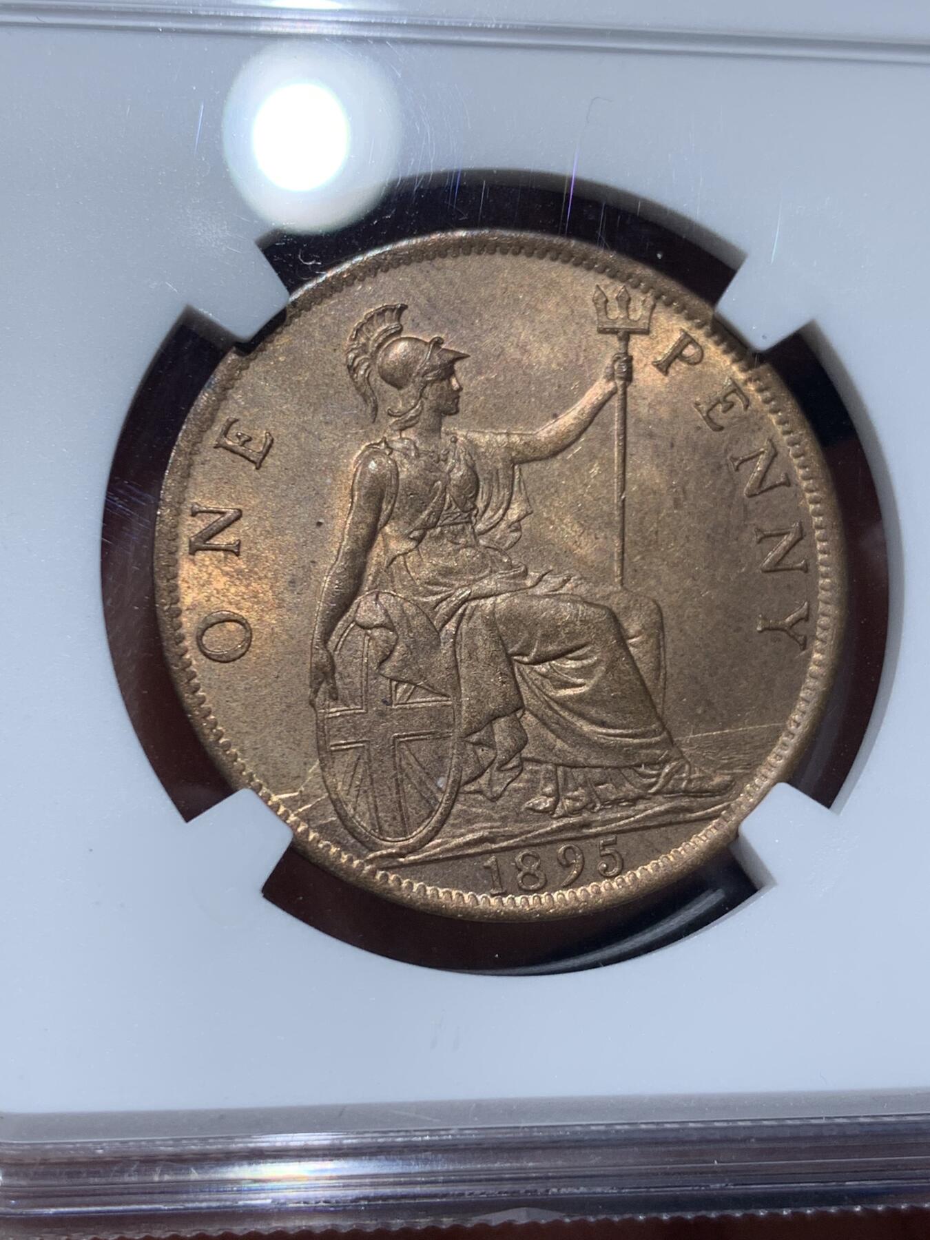 《竞宝斋》第347场 周日，周一，周二  3场连拍 （全场包邮） NGC MS63RB 英国 1895年 维多利亚女王1便士铜币，红棕色对于1895来说并非寻常可见，加之维多利亚最后一版便士以1900-1901居多，1895年好品质的非常贵的。