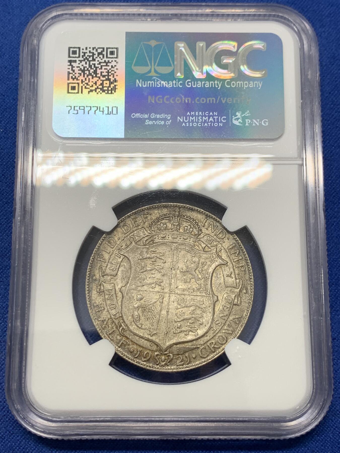 《竞宝斋》第347场 周日，周一，周二  3场连拍 （全场包邮） NGC MS62 英国1921年乔五半克朗银币，重口味包浆，味道好