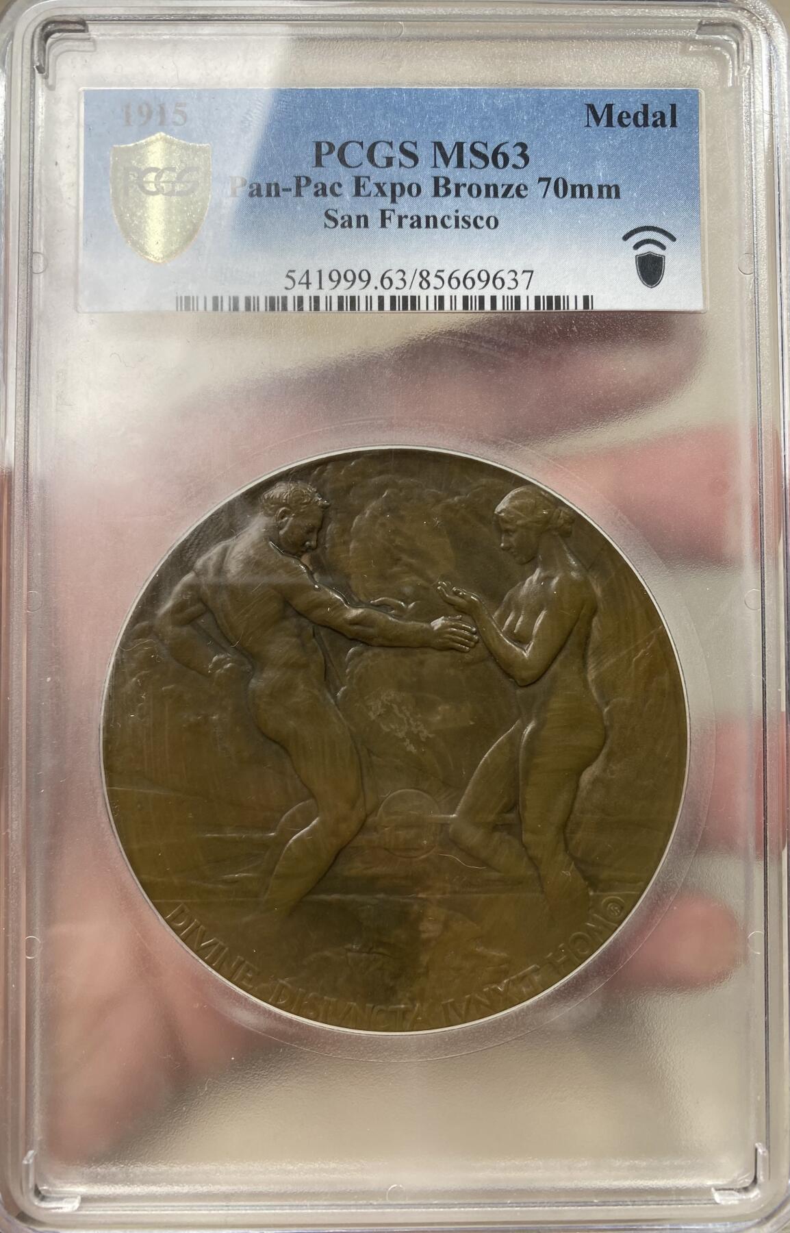 万国钱币拍卖第041期 PCGS MS63 1915年美国圣弗兰西斯科巴拿马太平洋国际博览会奖大铜章 70MM巨型 美国早期大铜章罕见，老藏家送评，附带原盒，包浆温润，世博会的名誉品种	。