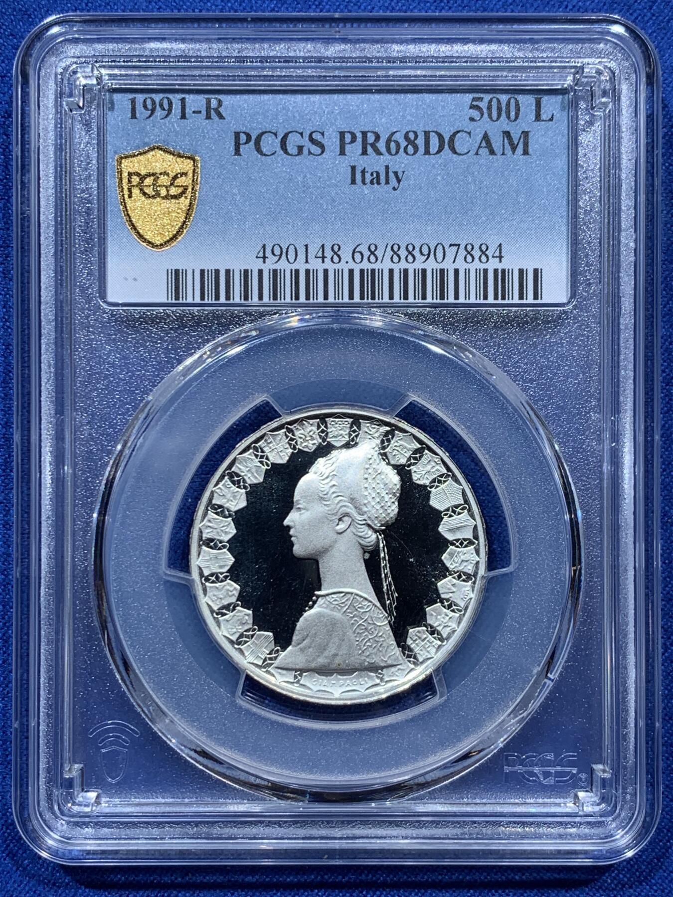 《竞宝斋》第347场 周日，周一，周二  3场连拍 （全场包邮） PCGS PR68DCAM 意大利1991年女神精制500里拉银币，发行量只有1.1W枚