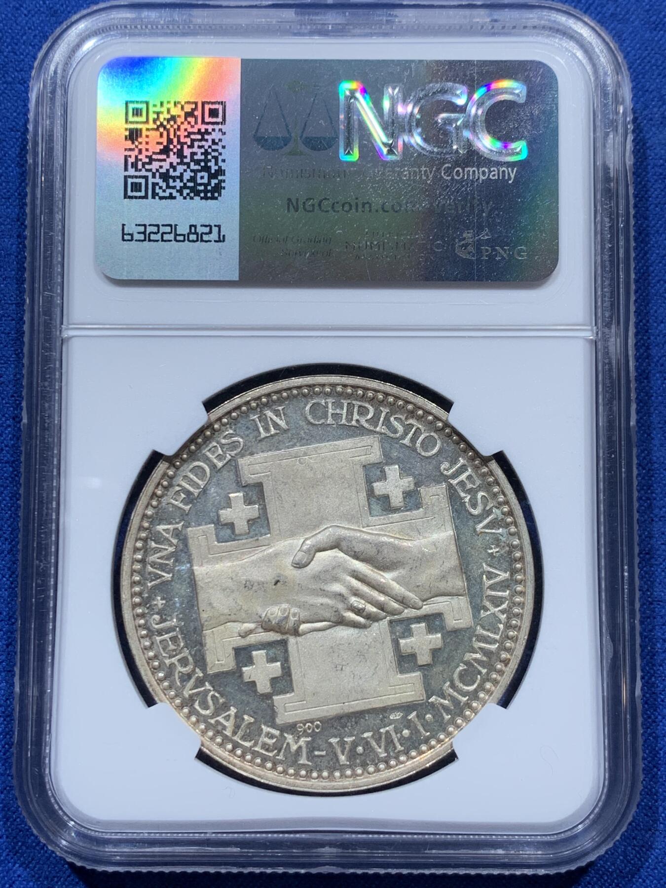 《竞宝斋》第347场 周日，周一，周二  3场连拍 （全场包邮） NGC MS64PL 梵蒂冈1964遇见教皇银章 40mm