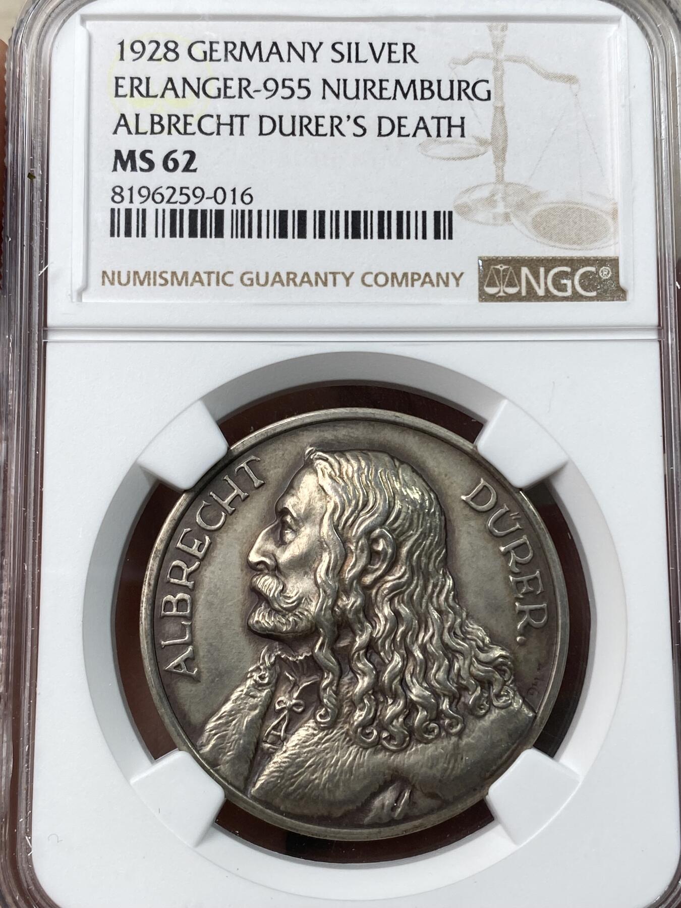 万国钱币拍卖第041期 NGC MS62 1928年德国画家丢勒逝世400周年纪念银章 原盒彩高浮雕少见版本
